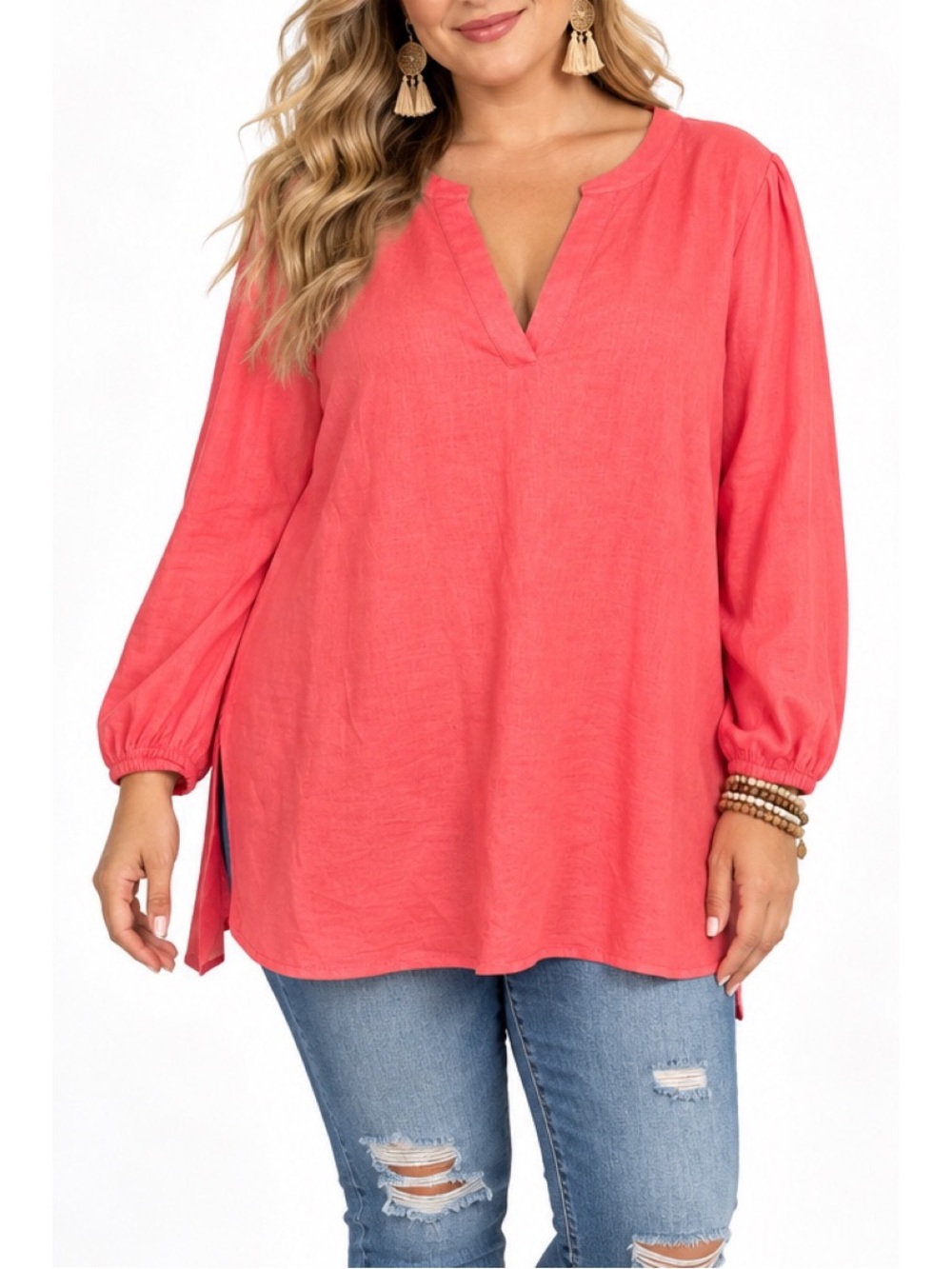 Anne Klein Coral Pink Linen-Texture Tunic Top-1x